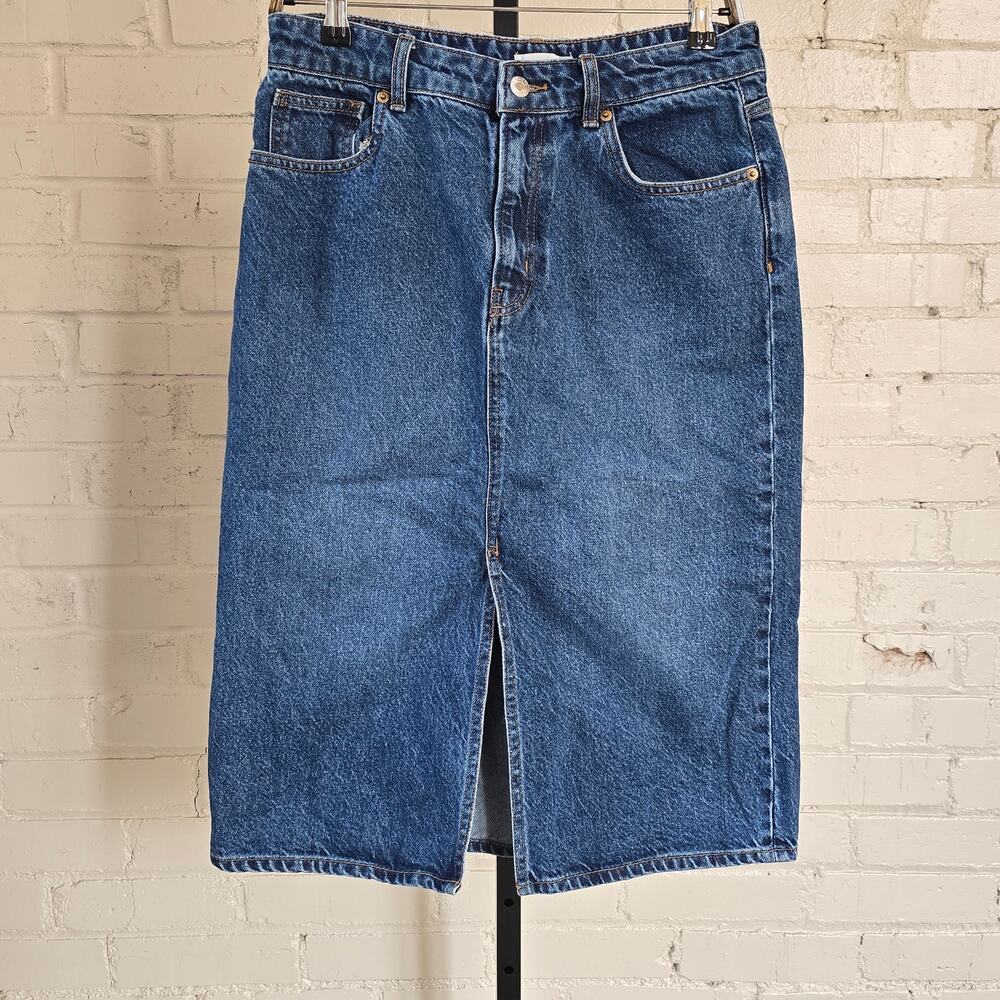 H&M Denim Midi Skirt ┃Medium Wash, High-Waisted, Front Slit┃Y2K Indie Sleaze